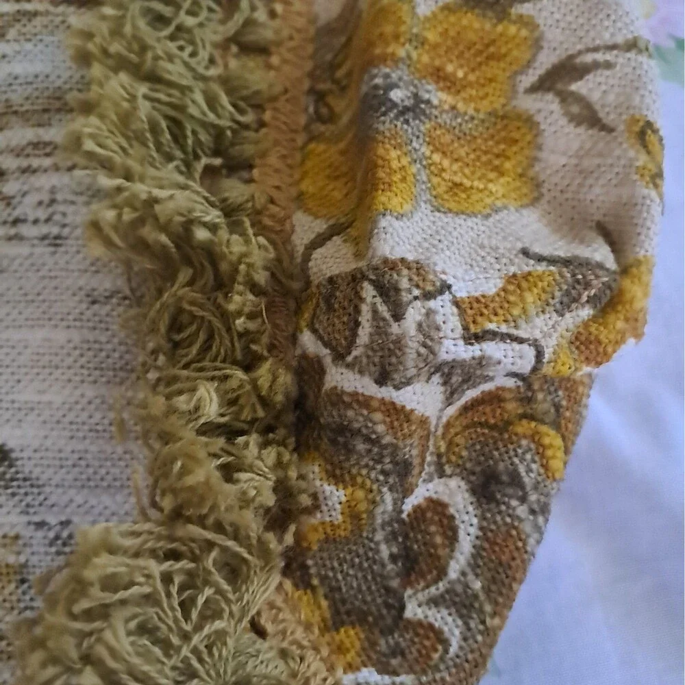 30x30 Heavy Fringed Floral Table Cover 70s Gold Green Brown Retro Vintage
